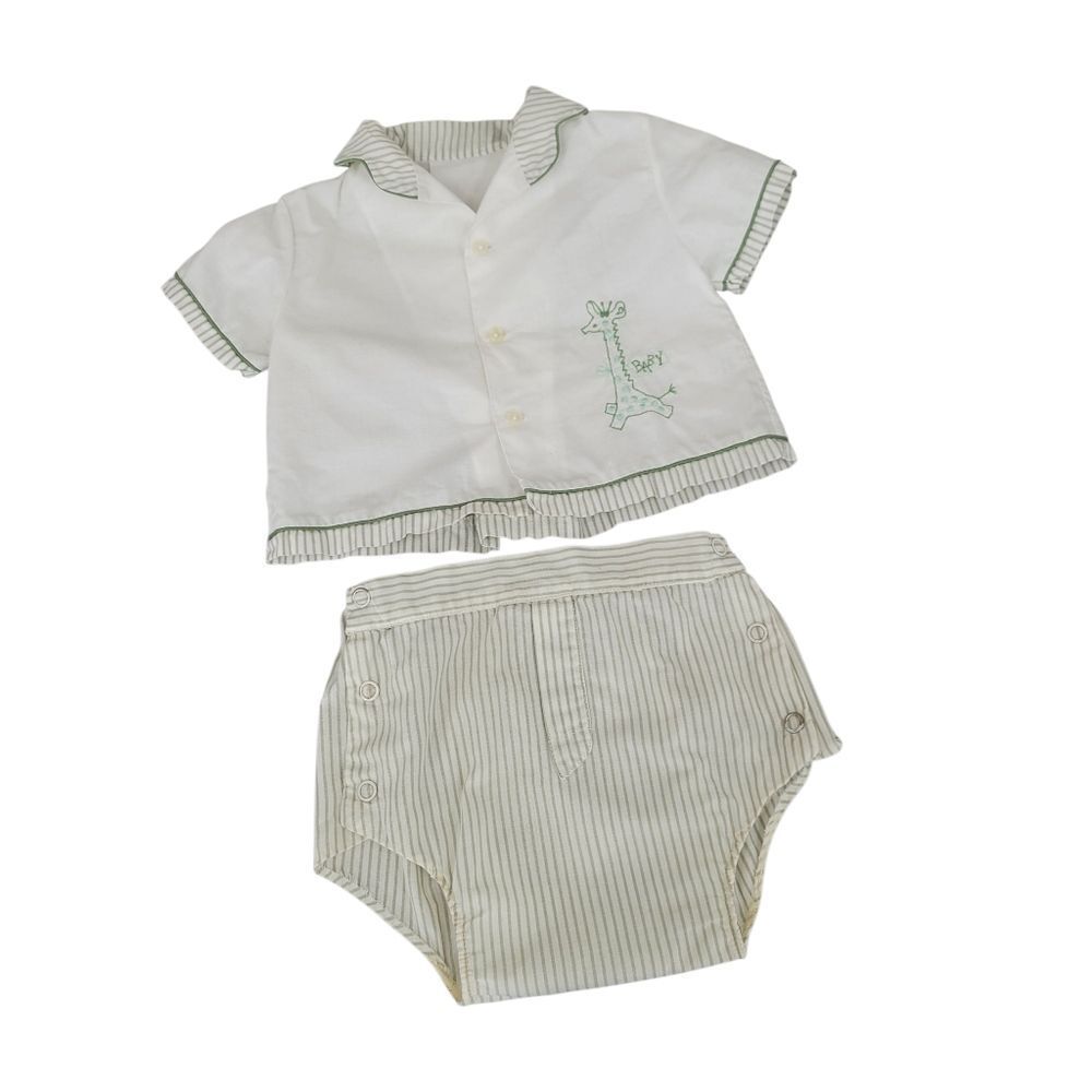 Vintage White and Green Stripes Embroidered Giraffe Baby Outfit Set